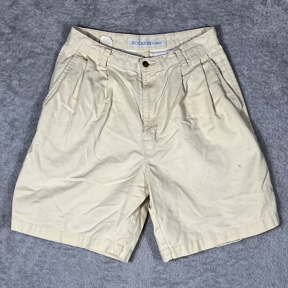 Vintage Dockers Khakis Mens 30 Pleated Cotton Shorts Cream Beige 30466-0373